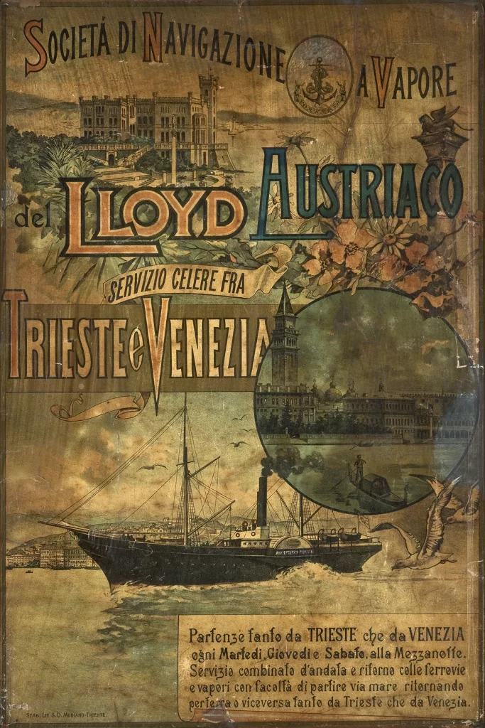 Giuseppe Sigon, Manifesto della Società di navigazione a vapore Lloyd Austriaco – Servizio celere Trieste e Venezia, stamp. Modiano, Cromotlitografia, c. 1890