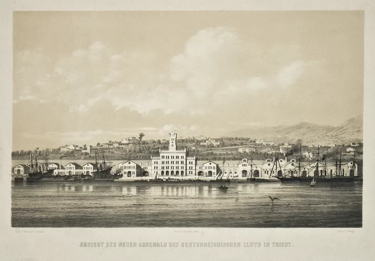 Bernhard Fiedler, Veduta del nuovo Arsenale del Lloyd Austriaco, litografia, stamp. J. Stoufs, c.1857